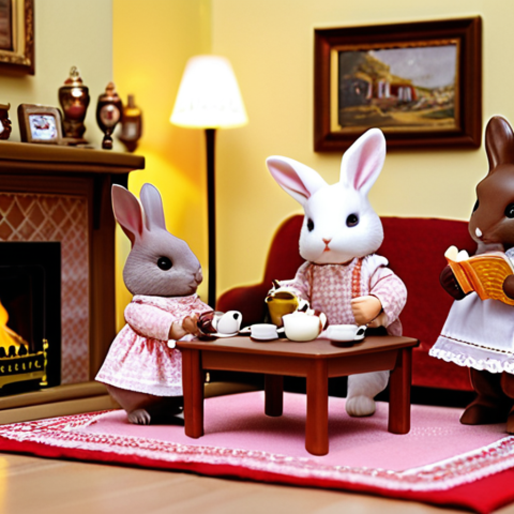 **

A cozy, detailed Sylvanian Families living room scene. The Chocolate Rabbit Family is gathered around a miniature fireplace. Freya Chocolate is serving tea, while Frasier Chocolate reads a book to the children. Warm lighting, focus on the intricate details of the furniture and accessories. Emphasize the feeling of family love and warmth.

**