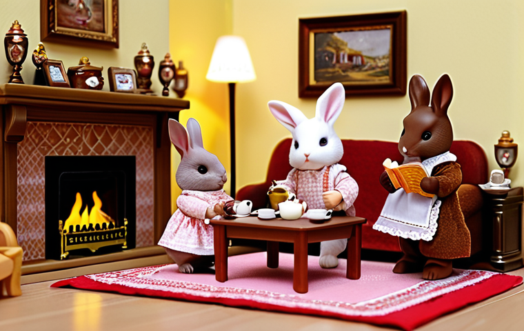 **

A cozy, detailed Sylvanian Families living room scene. The Chocolate Rabbit Family is gathered around a miniature fireplace. Freya Chocolate is serving tea, while Frasier Chocolate reads a book to the children. Warm lighting, focus on the intricate details of the furniture and accessories. Emphasize the feeling of family love and warmth.

**