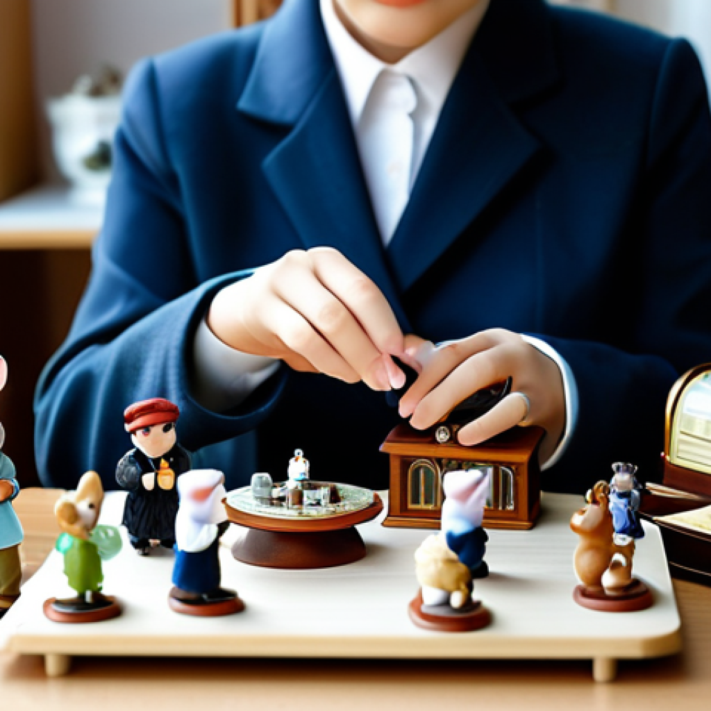 A meticulous collector, dressed in modest, professional attire, carefully examining Sylvanian Families figures and accessories on a clean, well-lit wooden desk. The person holds a magnifying glass close to a tiny flocked animal figure, inspecting its fur for imperfections. Various small, miniature furniture pieces and original Sylvanian Families boxes are neatly arranged around, some open to reveal their contents. The background shows a soft-focus office or study setting. The scene emphasizes attention to detail and a methodical approach. safe for work, appropriate content, fully clothed, professional, perfect anatomy, correct proportions, natural pose, well-formed hands, proper finger count, natural body proportions, high quality studio photography.