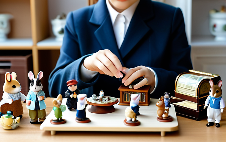 A meticulous collector, dressed in modest, professional attire, carefully examining Sylvanian Families figures and accessories on a clean, well-lit wooden desk. The person holds a magnifying glass close to a tiny flocked animal figure, inspecting its fur for imperfections. Various small, miniature furniture pieces and original Sylvanian Families boxes are neatly arranged around, some open to reveal their contents. The background shows a soft-focus office or study setting. The scene emphasizes attention to detail and a methodical approach. safe for work, appropriate content, fully clothed, professional, perfect anatomy, correct proportions, natural pose, well-formed hands, proper finger count, natural body proportions, high quality studio photography.