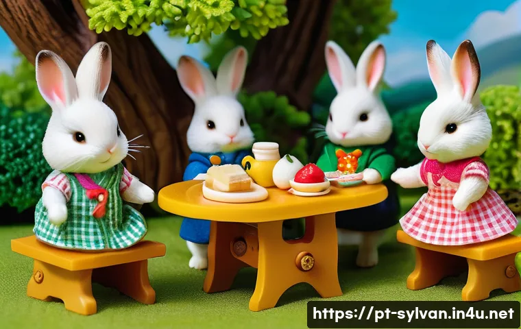 실바니안 가족의 패밀리 별 이야기 - A cozy Sylvanian family picnic scene set in a vibrant garden filled with colorful flowers and lush g...