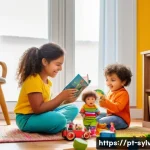 Home 19 실바니안 가족과 어린이 정서 발달 - A detailed scene of a cozy family living room in a Brazilian home, with a young child wearing colorf...