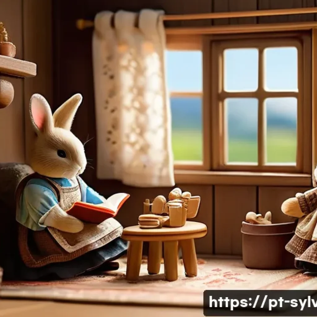 실바니안 가족 캐릭터 이름 총정리 - A cozy Sylvanian Brown Rabbit family scene in a warm countryside cottage interior, featuring a fathe...