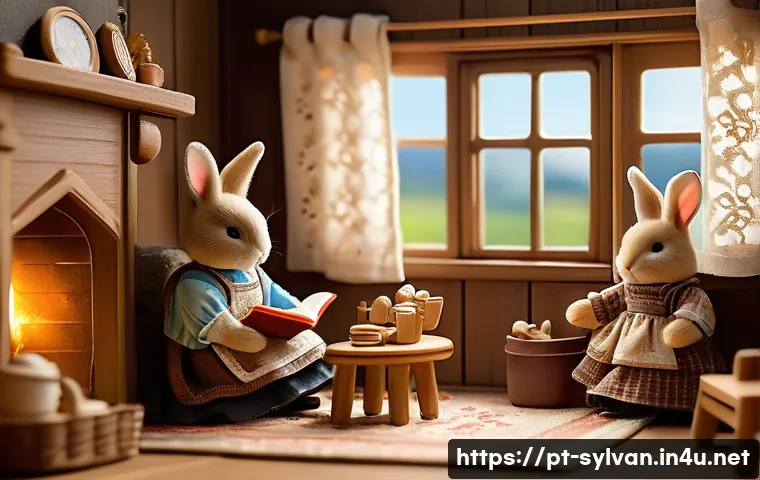 실바니안 가족 캐릭터 이름 총정리 - A cozy Sylvanian Brown Rabbit family scene in a warm countryside cottage interior, featuring a fathe...