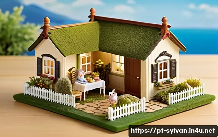 실바니안 가족과 디오라마 제작법 - A detailed Sylvanian Families diorama scene set outdoors on a sturdy wooden or MDF base, featuring a...