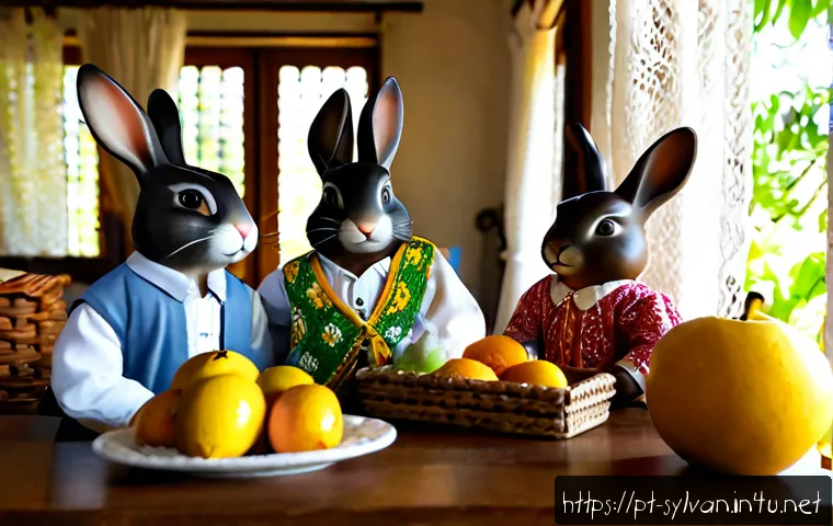 실바니안 가족 캐릭터에서 영감 받은 소설 - Photorealistic miniature story scene of a gentle anthropomorphic rabbit family in fully modest count...